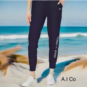 Tommy Comfy Womens/Unisex Teen Black Logo Drawstring Cotton Joggers/Sweatpants